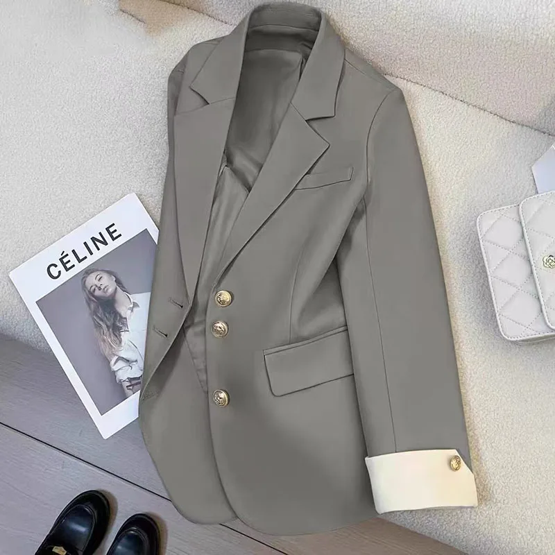Casual Gray Blazer for Women Korean Autumn Loose Single Breasted Suit Coat Woman Elegant Solid Color Office Blazers Outerwear