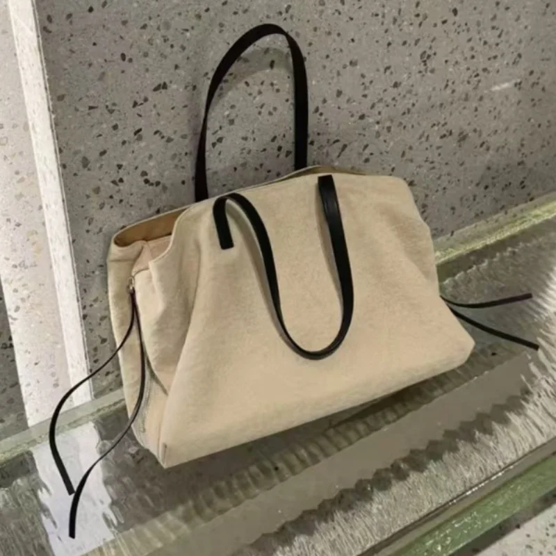 

Oatmeal Color Suede Canvas Tote Bag Large Capacity Multi-layer Shoulder Bag Minimalist Versatile Lightweight Travel Handbag