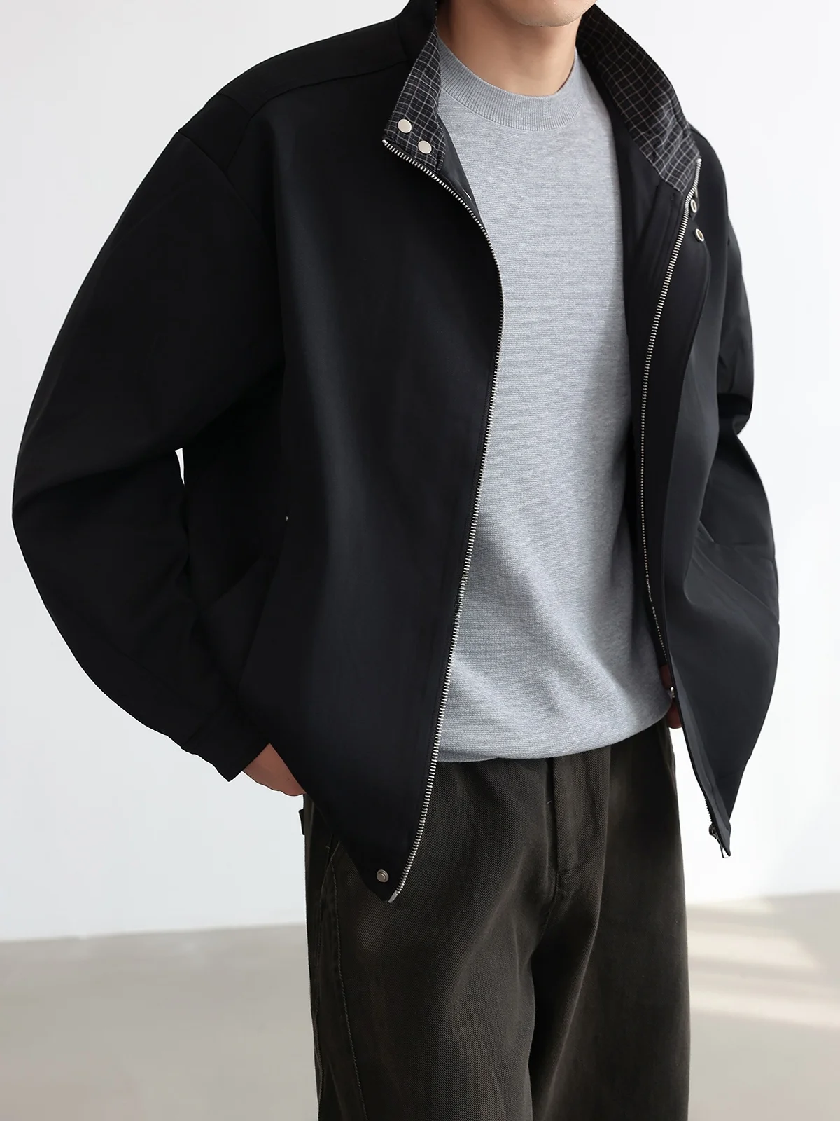 Harrington Men's Autumn Stand Collar Jacket Matte Color Block Plaid Fashionable Commuter Coat Standard Fit Windproof Long Sleeve