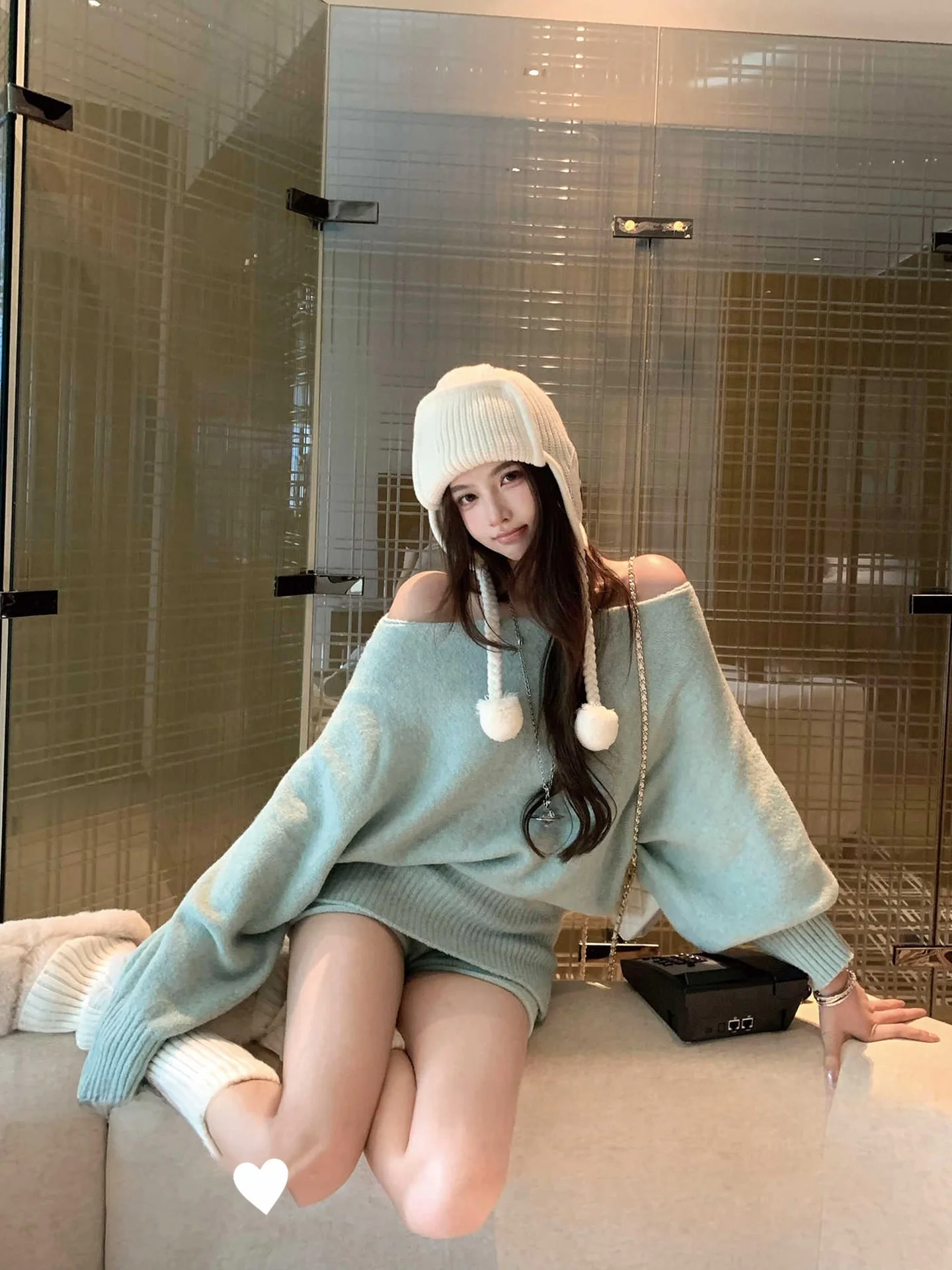 

Casual Loose Knitted ort Set for Small Stature Women with Slanting oulder Long Sve Top And High Waist ort Pants