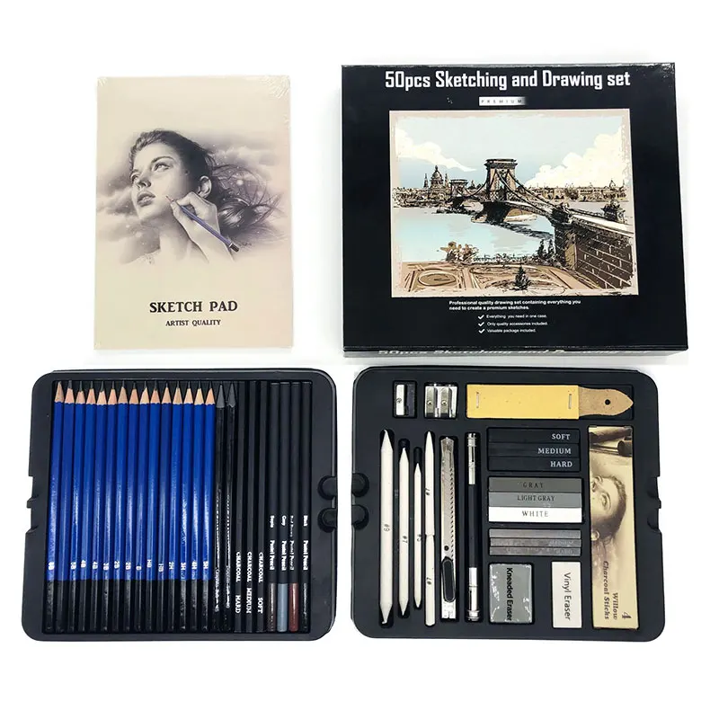 

Professional 50Pcs Art Set Sketching Drawing Pencil Charcoal Graphite Stick Sketchbook Artist Graphing Series Complete Kits