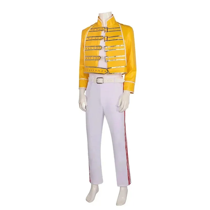 Anime Queen Lead Vocals Freddie Mercury Cosplay Costume Yellow Leather Jacket Coat Unisex Halloween Carnival Outfits