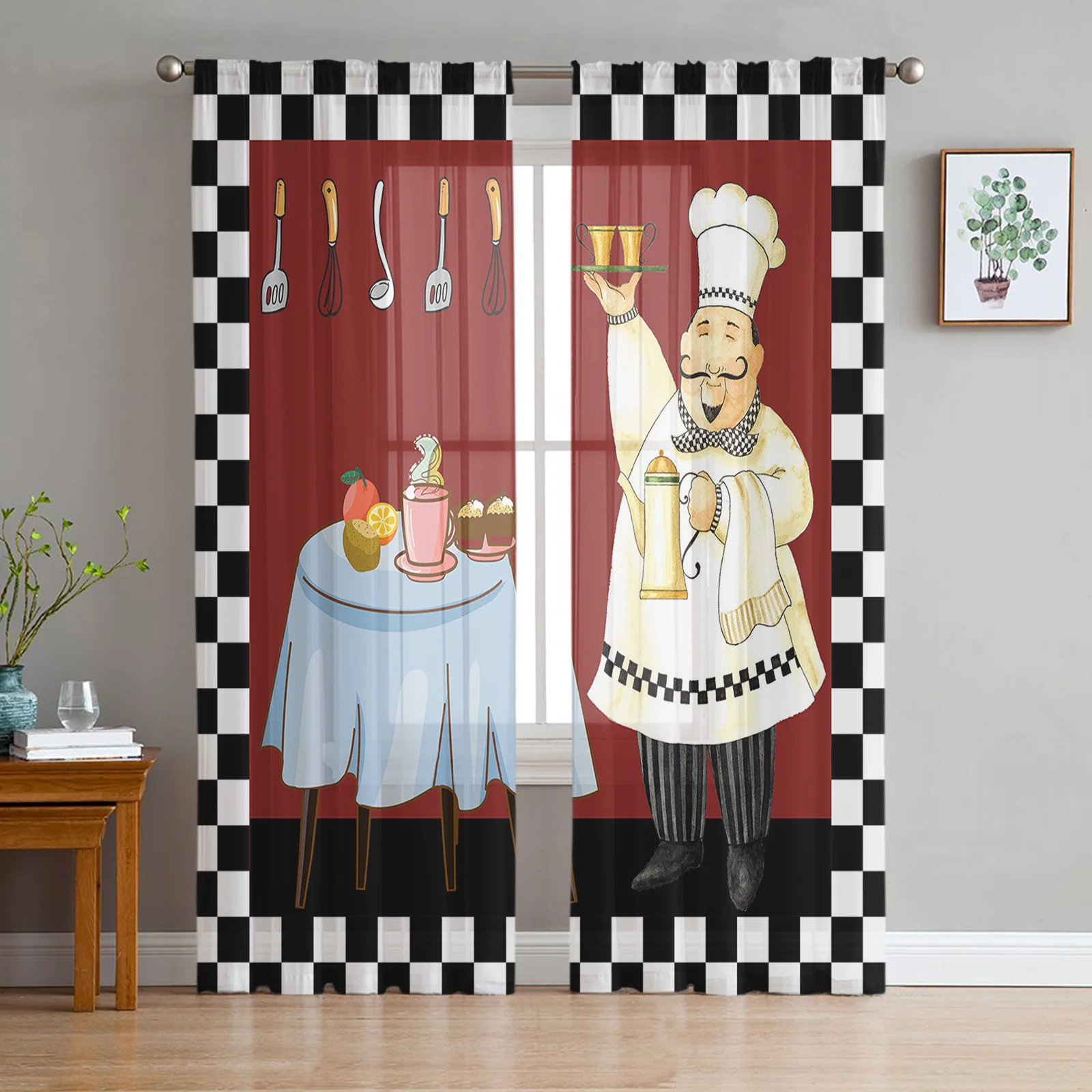 Red Black And White Plaid Kitchen Cook Gourmet Knife Sheer Curtains Living Room Kitchen Decoration Tulle Voile Window Curtain