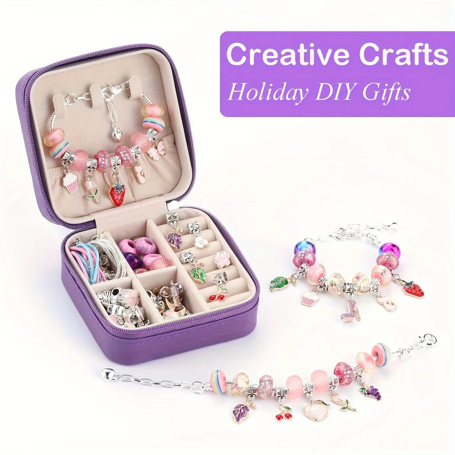68Pcs Beading Kit with a Violet Jewelry Box Pink Charms Bracelet Making Kit, DIY Beaded Bracelet Necklace Making Gift Box view 5
