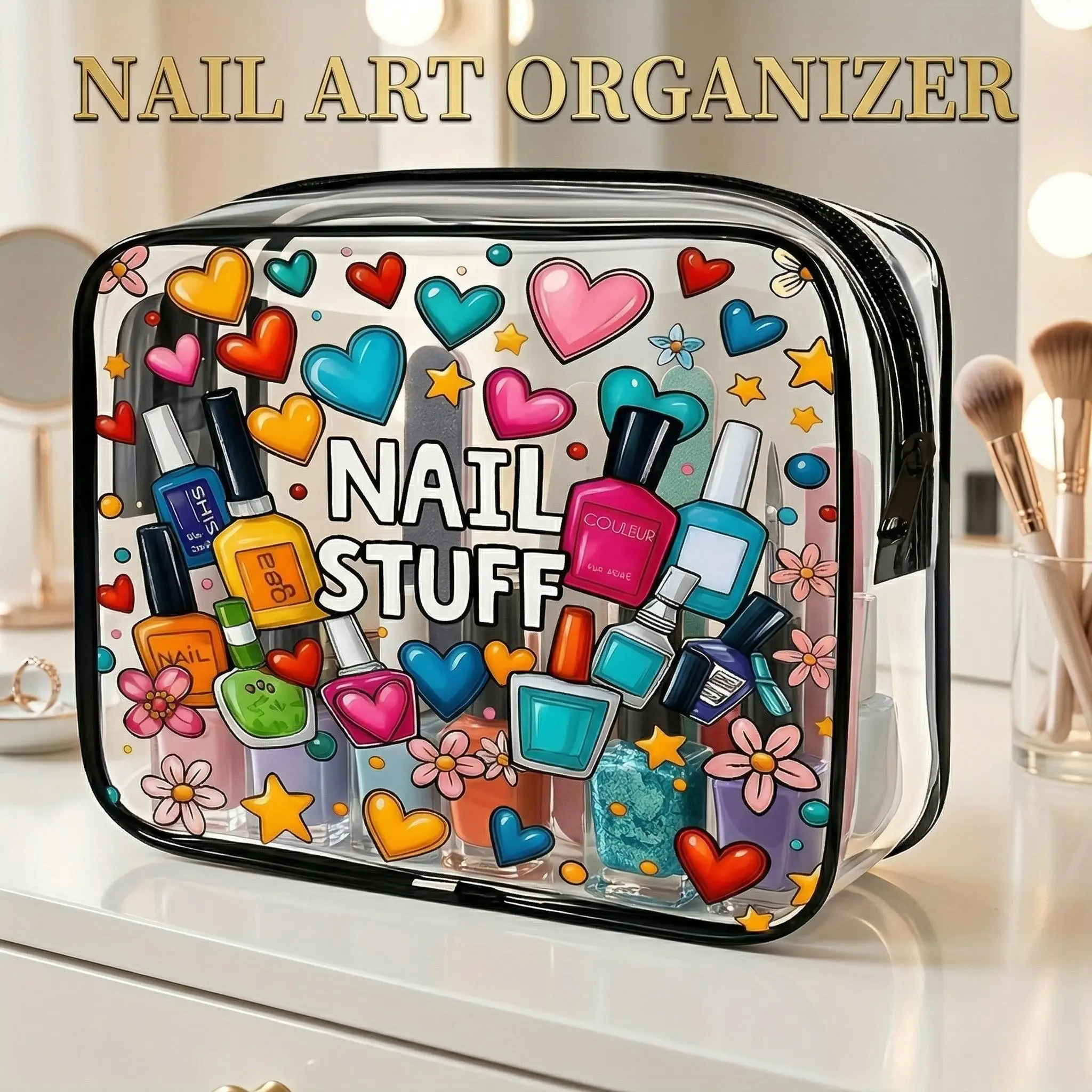 1pc Clear Makeup Bag Nail Polish Organizer Cute Travel Cosmetic Pouch Waterproof Transparent Toiletry Wash Bag Summer Vacation