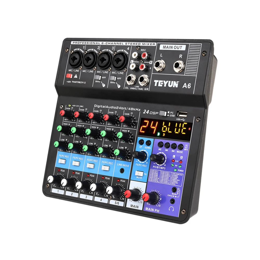 A6 6CH Protable Mini Mixer Audio Console with Sound Card USB Recording Singing Webcast Party Mixer Sound Machine