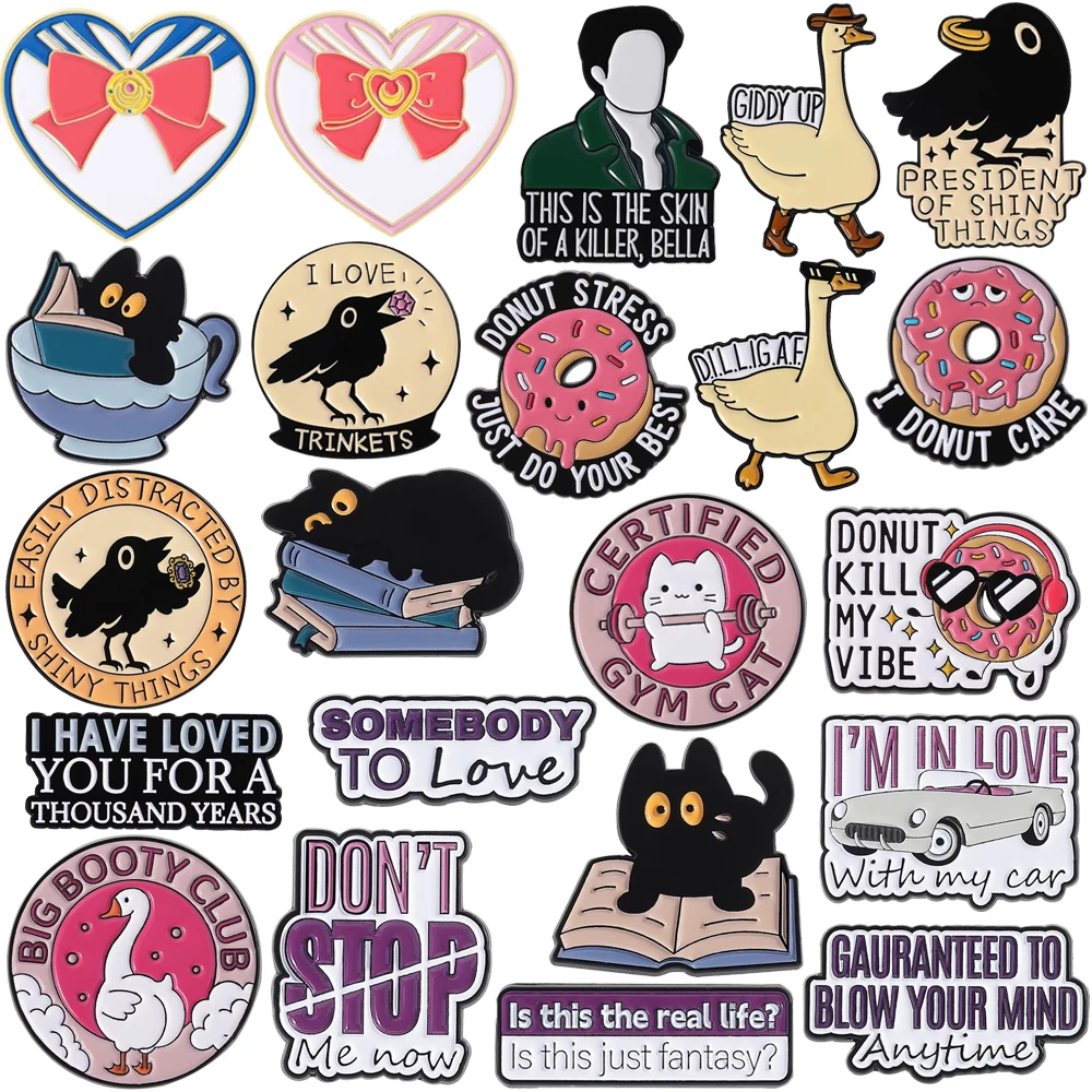 

Cartoon Crow Book Cat Enamel Brooch Lapel Pin Cowboy Goose Bow Heart Letter Doughnut Barbell Cat Sports Car Metal Badge Jewelry