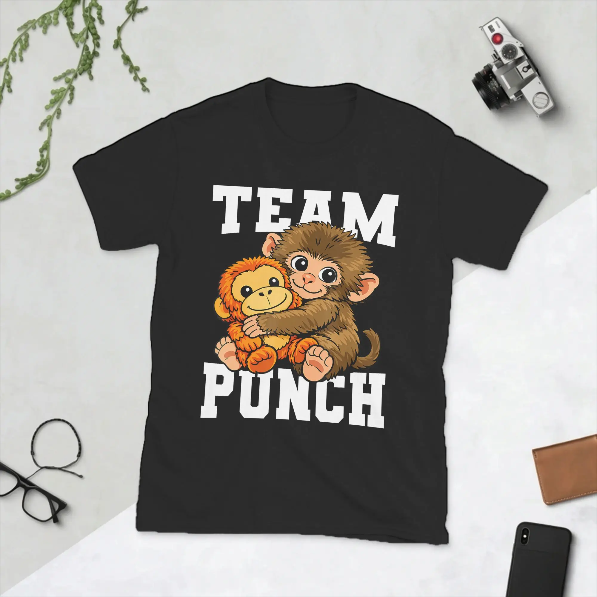 Cute Baby Macaque Holding Plush Toy Japanese Monkey Punch T Shirt Men Cotton Funny T-Shirt Round Collar  Tees Short Sleeve Tops