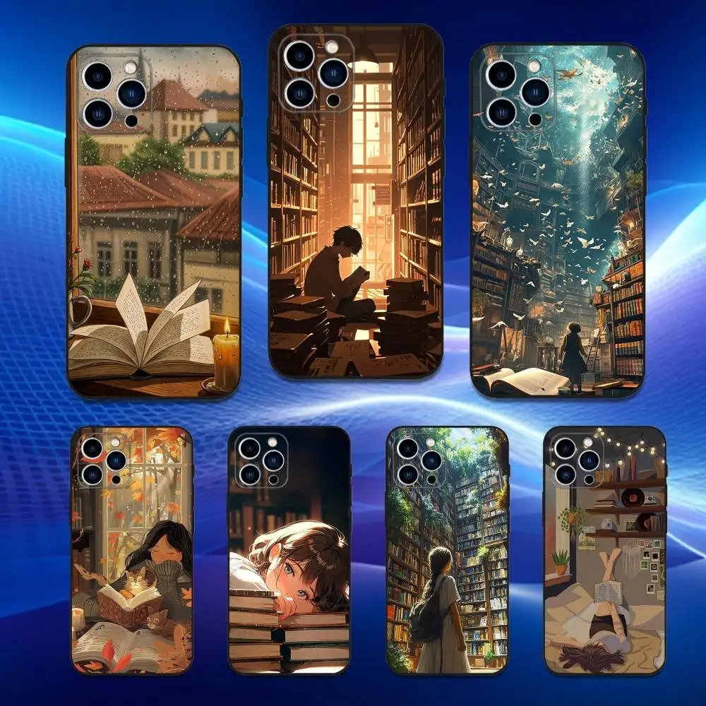 

Read Book illustration Phone Case For iPhone 16,15,14,13,12,11 Plus,Pro Max,XS,X,XR,SE,Mini,8,7,Soft Silicone Black Cover