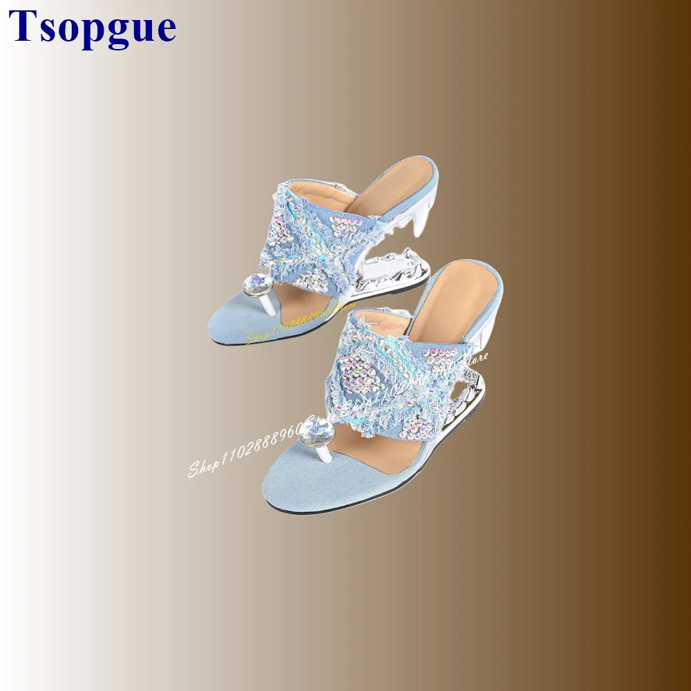 Light Blue Denim Crystal Decor Flip Flops Teeth Heel Women Shoes Cut Heel Slip On Open Toe 2024 Fashionable Zapatos Para Mujere