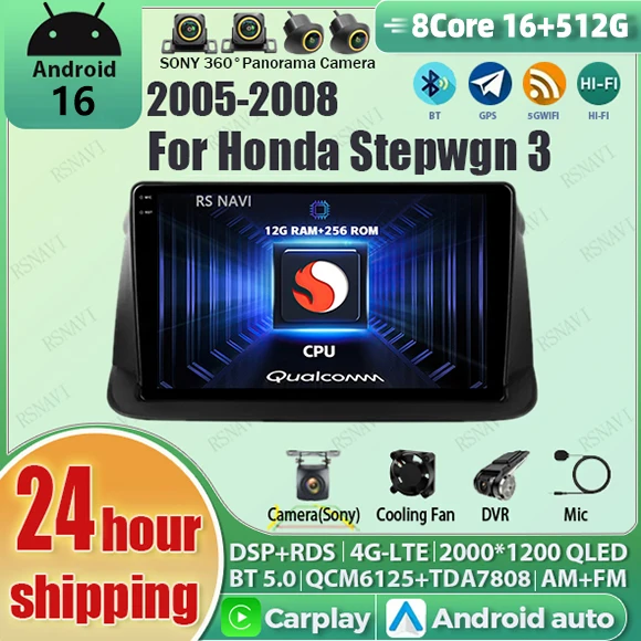Android 16 Carplay Auto Qualcomm 2K Screen Car Radio Player For Honda Stepwgn 3 2005-2008 GPS Wifi 4G navigation Stereo BT Video