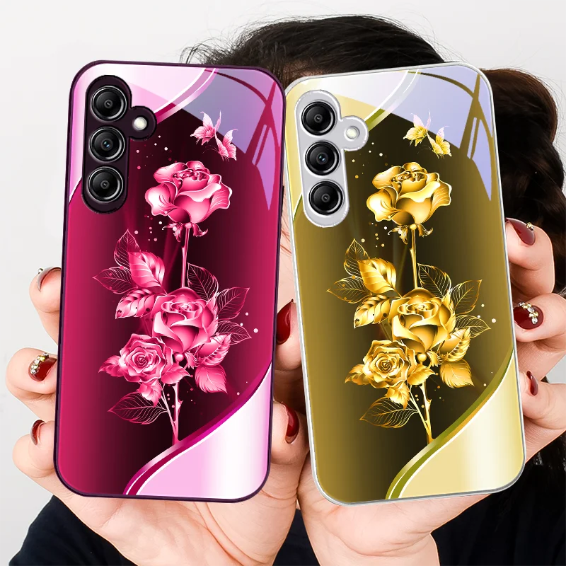 サムスンギャラクシー用ガラス電話ケース,サムスンギャラクシーA01,a02,a03,コアa04,a14,4g,13, 54, 34, 31, 20, 25, 23, 22 5g、s21ウルトラ、s20、カラフルなローズ、ブルー、5g