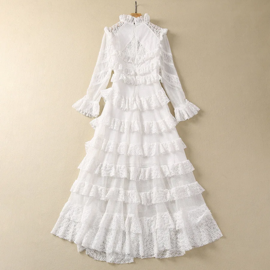 European and American women's clothes 2024 spring new Stand collar Flared sleeve long sleeve white lace Fashion pleated dress