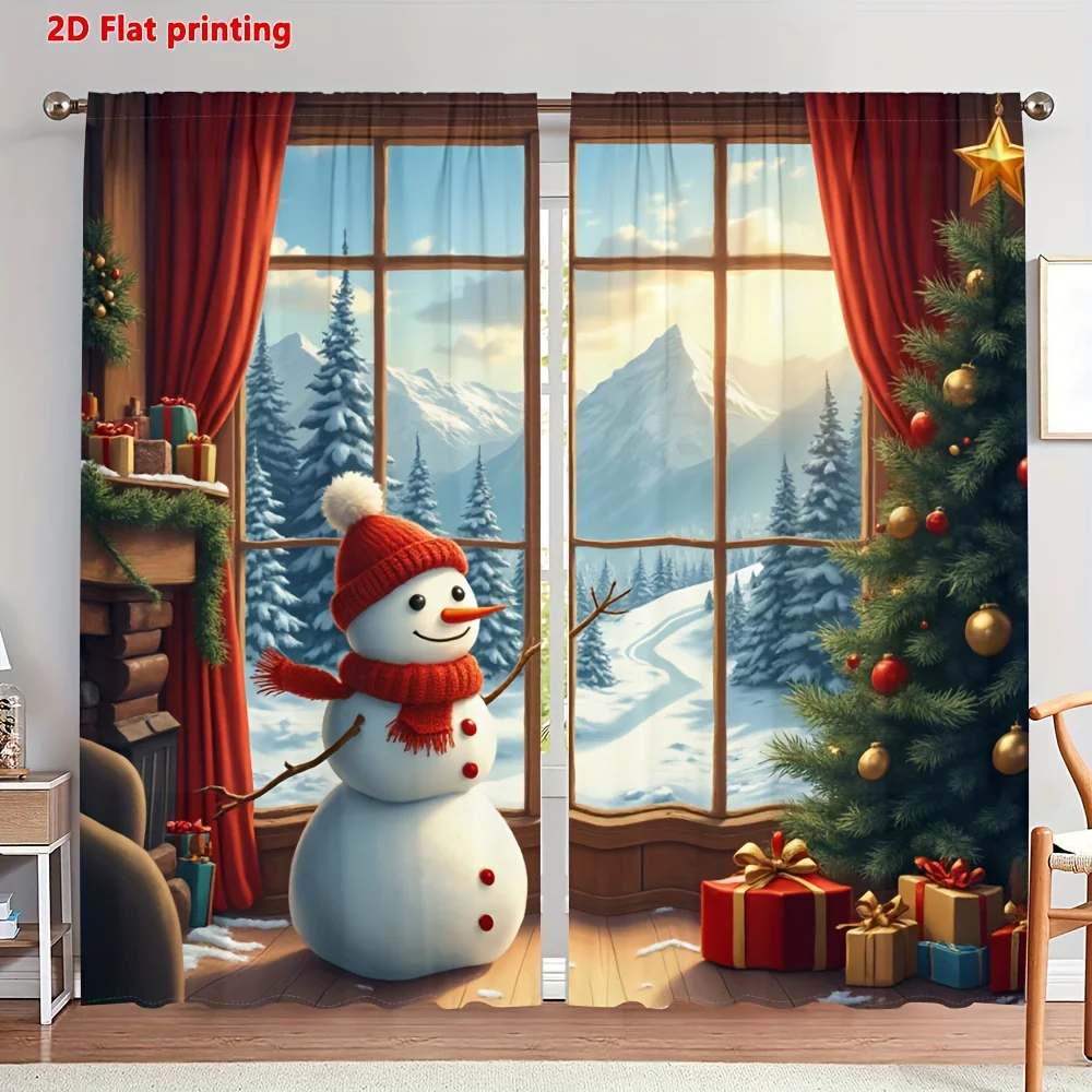 2pcs Snowman Mountain Print Christmas Curtains, Polyester Rod Pocket Design for Living Room Bedroom Winter Wonderland Decor