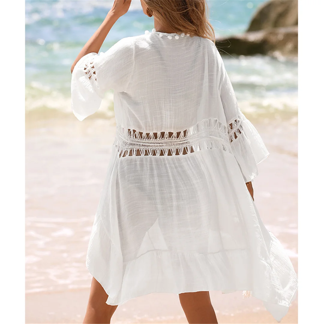 V-Ausschnitt, halbe Ärmel, Patchwork-Design, gehäkelte Strick-Tunika, Strandkleid, Strandüberwurf, Strandmode, Damen, V7660 – Detail 8