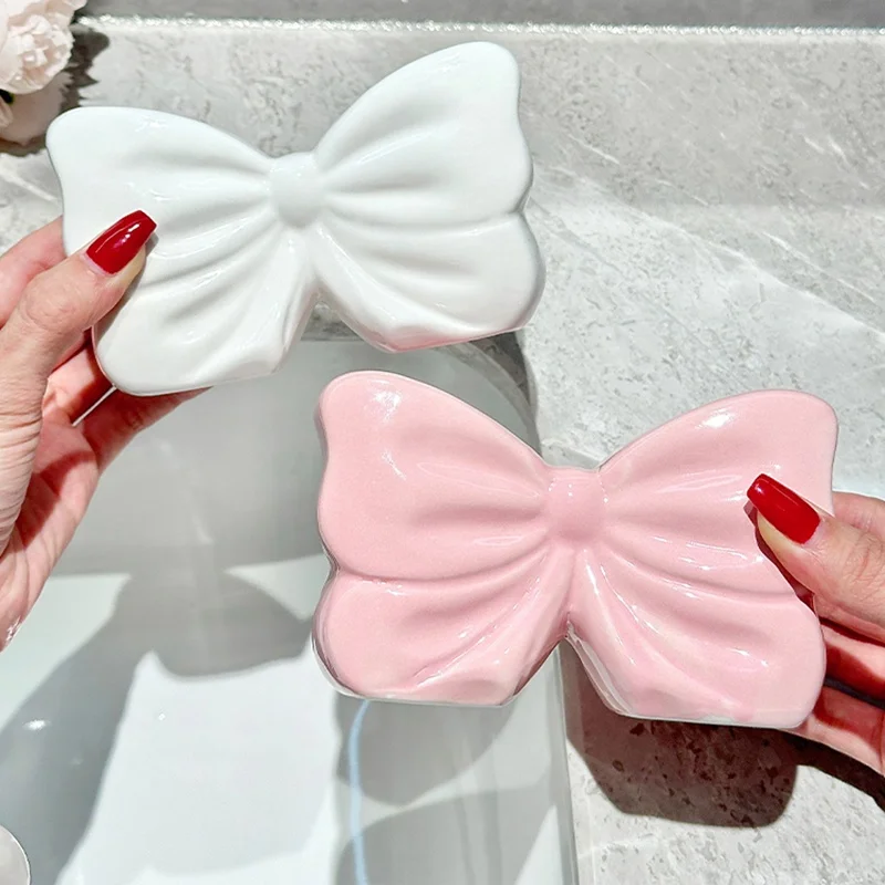 حامل سيراميك بعقدة على شكل فيونكة، حامل فرشاة الأسنان الكهربائية، رف معجون الأسنان لحوض غسيل الحمام، حامل تخزين #2