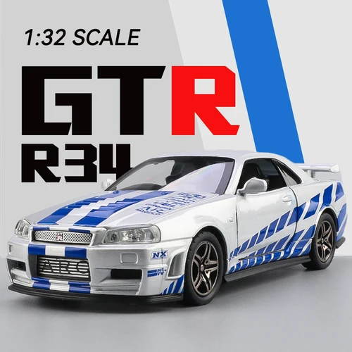 1:32 시뮬레이션 스카이라인 아레스 GTR R34 합금 금속 다이캐스트 스포츠 레이싱 카 모델, 자동차 장식, 어린이 장난감, 크리스마스 선물 소년 