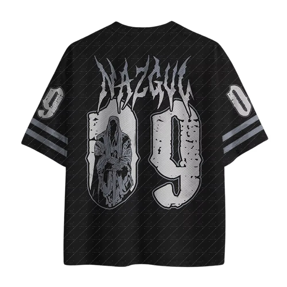 Retro Wraith Knight T-Shirt aus Polyester mit kreisförmigem Grafikmuster, Nummer 09, Manschetten- und Schulterdekoration, Unisex, Dark Goth, tägliches Streetwear-Oberteil – Detail 5