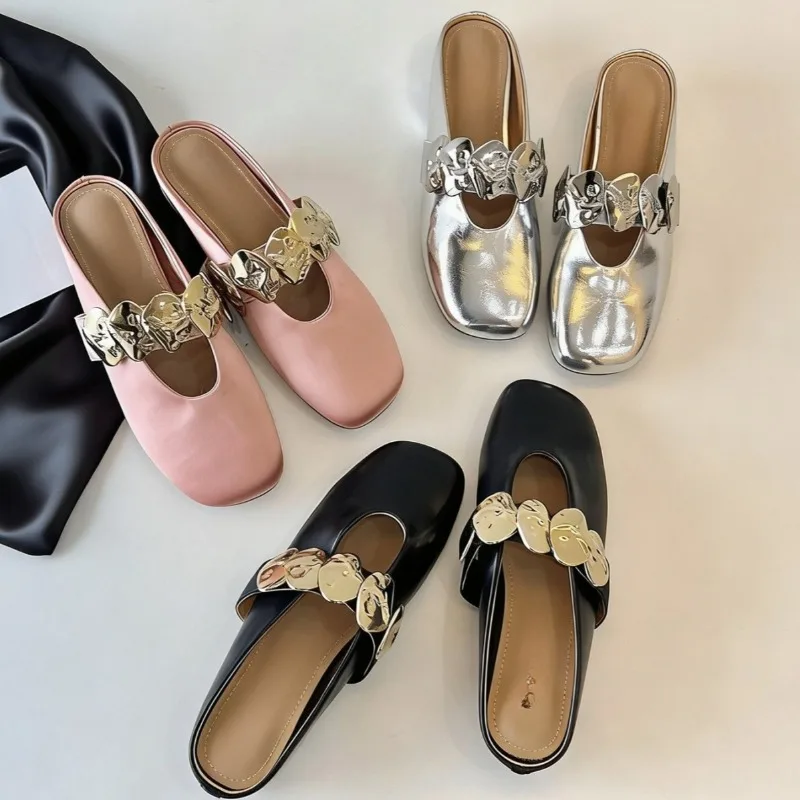 

Summer New Inner Heightened Baotou Semi-drag Square Toe Deep Mouth Metal Buckle Soft Sole Women's Shoes