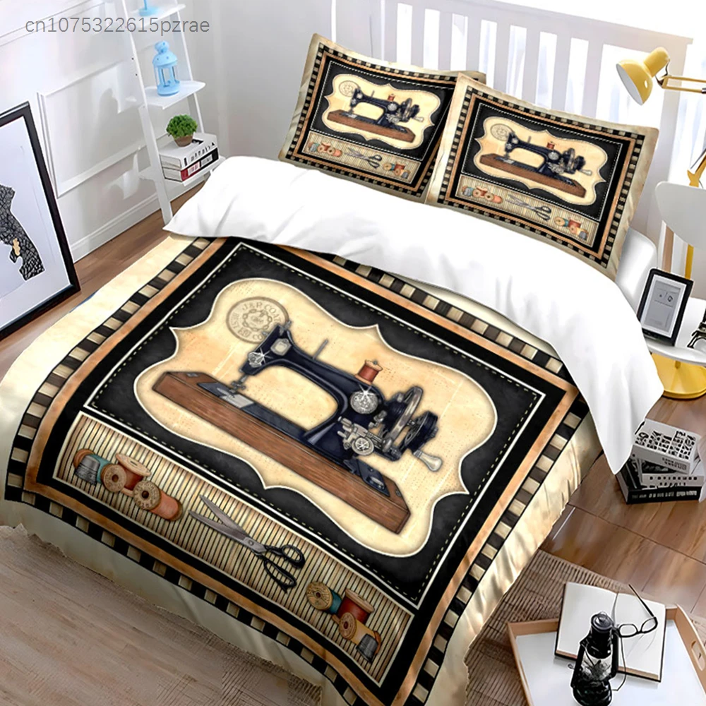 3Pcs Vintage Sewing Machine Bedding Set, Retro Craft Room Print Duvet Cover Set, Antique Tailor Tools Pattern For Sewing Lovers