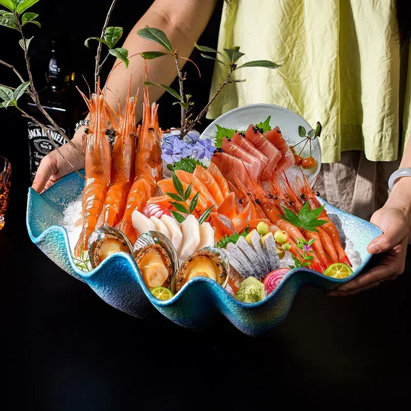 Sashimi Plate Japanese Commercial Hotel Private Banquet Ceramic Artistic Conception Art Dry Ice Plate Geoduck Clam Salmon Wagyu