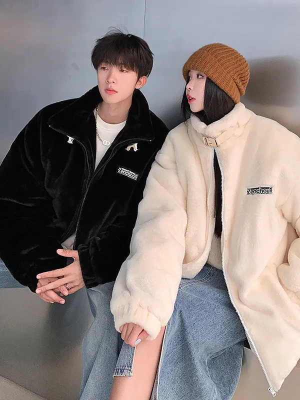 

Lamb Velvet Jaet Thiened Warm Stand Collar Cotton Coat for Men And Women American High Street Sle Couple's Furry Cotton...