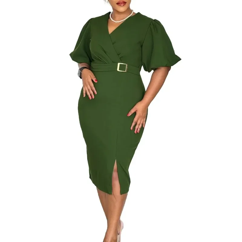 Dashiki African Dresses for Women Summer Elegant African Short Sleeve V-neck Polyester Bodycon Dress African Clothes Outfits