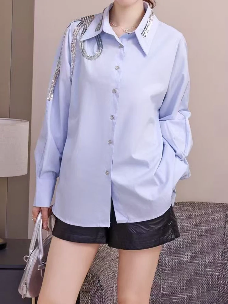 Heavy industry embroidered shoulder sequins single-breasted fashion blouses in autumn 2025 new lapel long-sleeved high-grade shi
