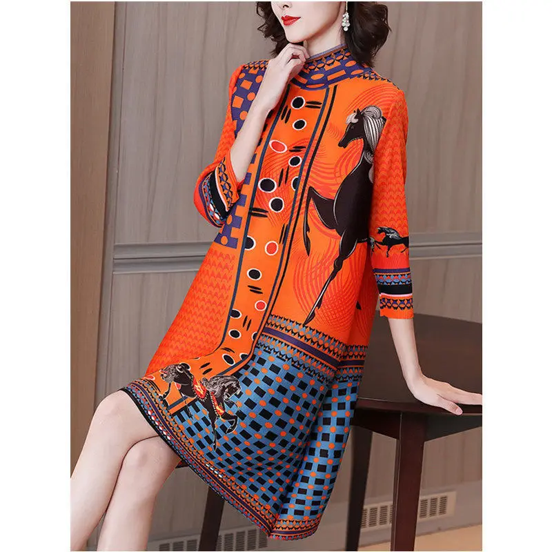 Fashion retro plexue dress female 2023 spring national wind printed high-end foreign air large A word skirt long sleeve dress