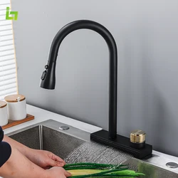 Grifo de cocina negro de cascada que puede tirar de 4 formas de salida de agua, grifo de fregadero de latón frío y caliente de un solo orificio