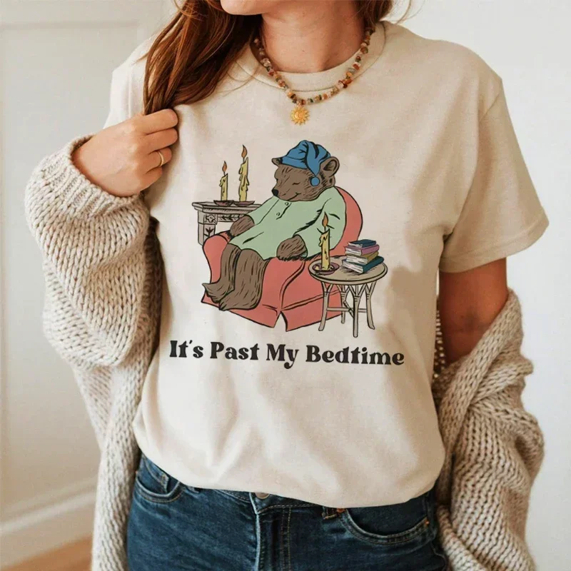 Bear Bookworm Graphic T Shirt Past My Bedtime Book Lover Funny Meme Tops Women Short Sleeve Vintage Casual Clothes Tees