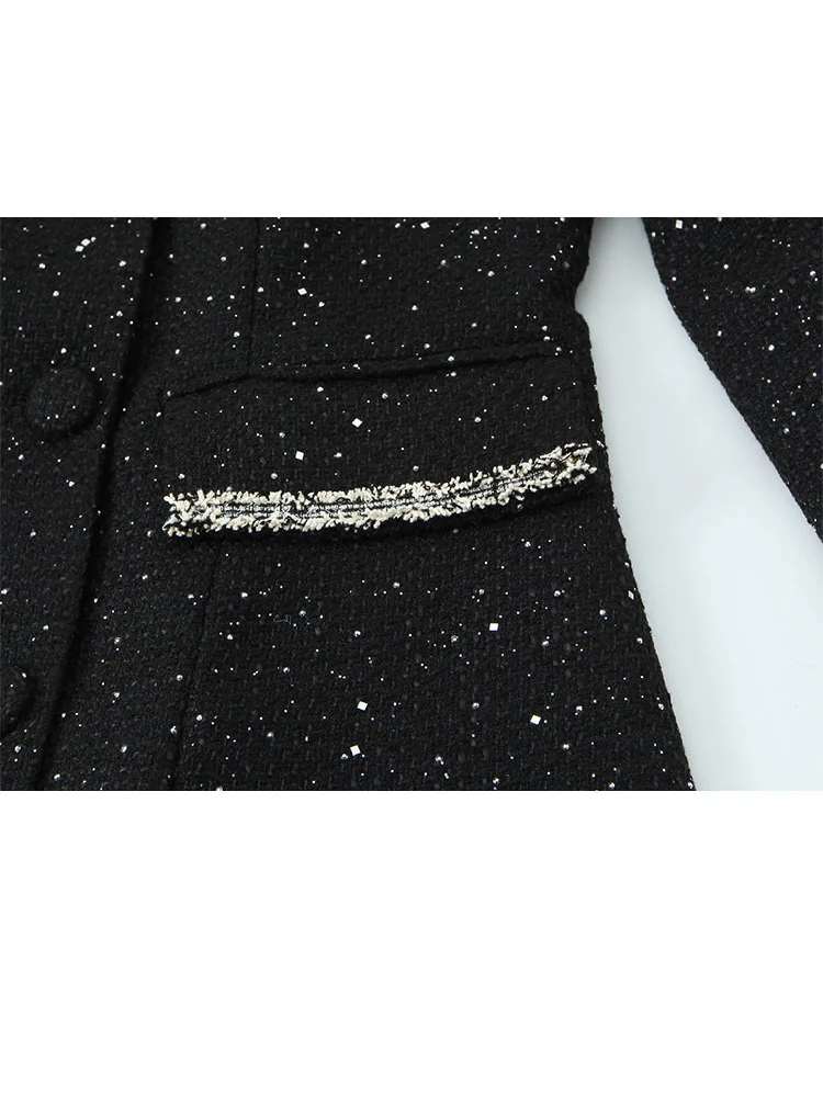 Hh moda feminina pequena fragrância lantejoulas retalhos blazer feminino high street casual lapela duplo breasted jaqueta de manga comprida