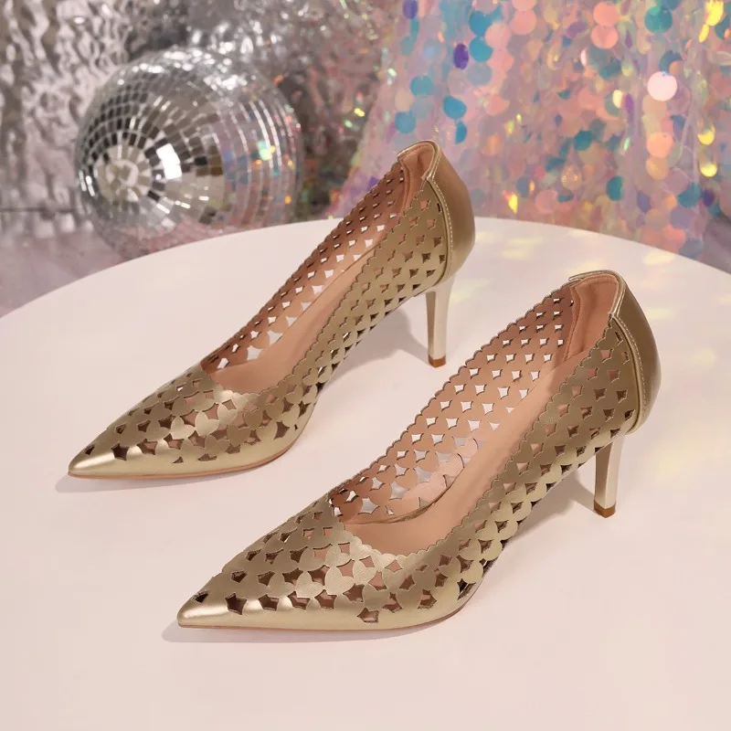 

Туфли на шпильке, новые летние дышащие универсальные женские туфли с острым носком и неглубоким носком, универсальная женская обувь с открытым носком