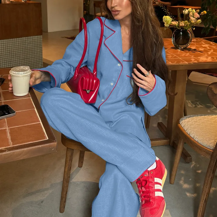 

Хлопковый женский комплект для сна: ночная рубашка с длинным рукавом, пижамные брюки, зимний повседневный комплект для сна с отложным воротником