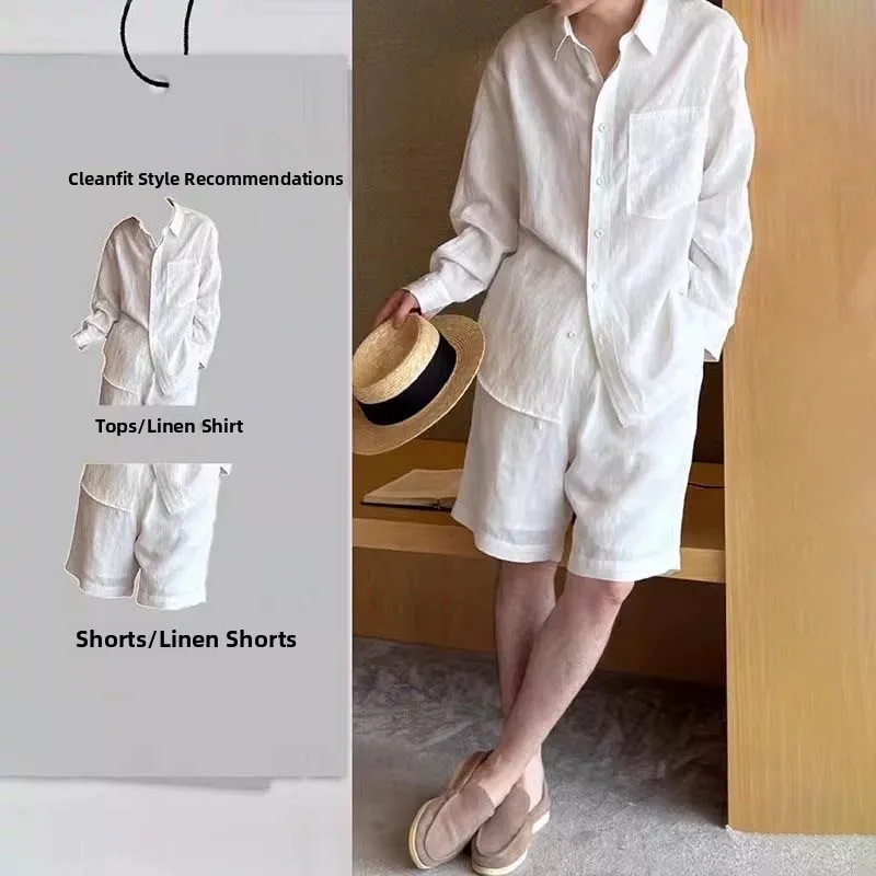 

Men's Casual Sport Long Sleeve Linen Shirt Set Five-Quarter Short Pants Breathable Comfortable Summer Outfit Two-Piece Set