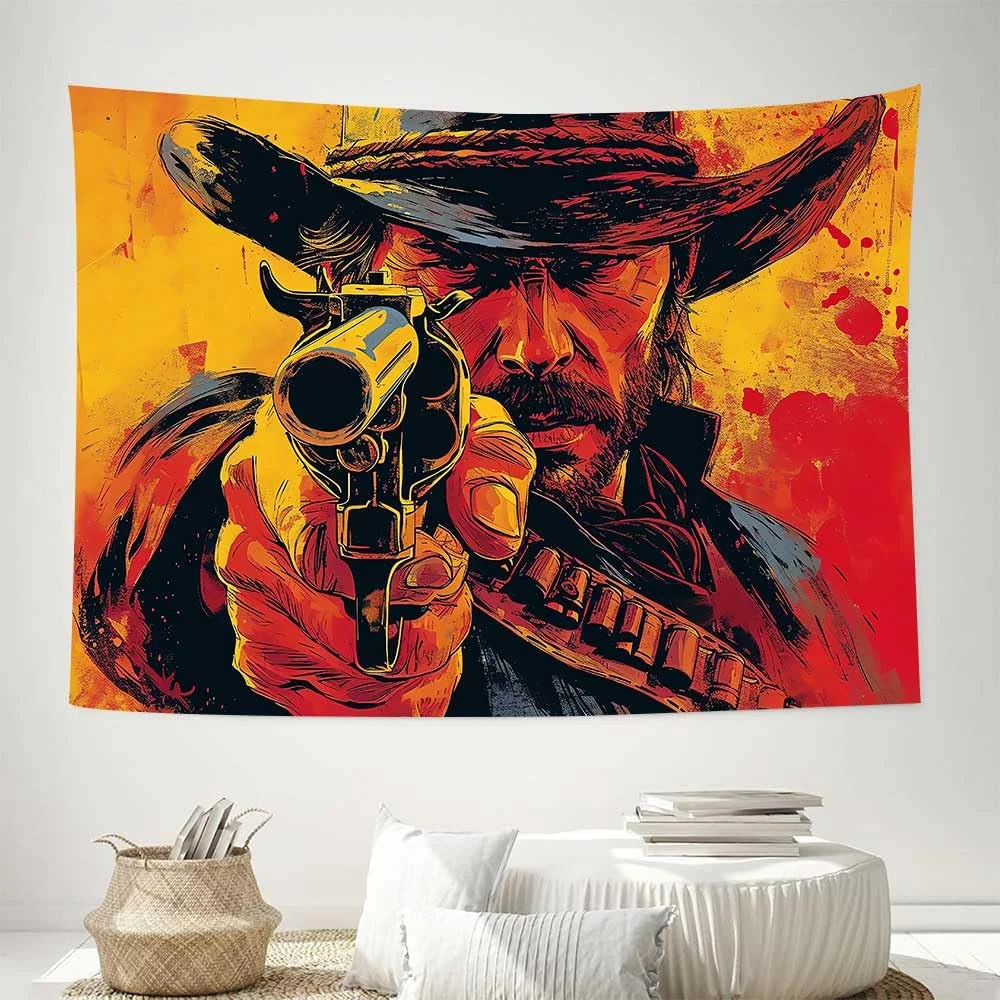 VIKAMA Western Gunslinger Wandteppich im Retro-Ölgemälde-Stil, Wandbehang für Wohnzimmer, Jungenzimmer, Schlafsaal-Dekoration