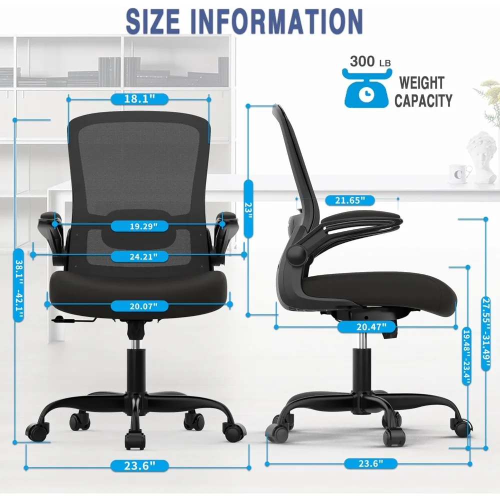 

Office Chair, Ergonomic Desk Chair with Adjustable Lumbar Support, High Back Mesh Computer Chair with Flip-up Armrests