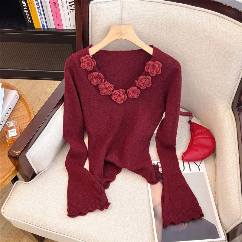Y2k Grauer dreidimensionaler Blumen-Pullover mit V-Ausschnitt, französischer sanfter Retro-Pullover aus reiner Wind, süßer Wollpullover mit ausgestellten Ärmeln