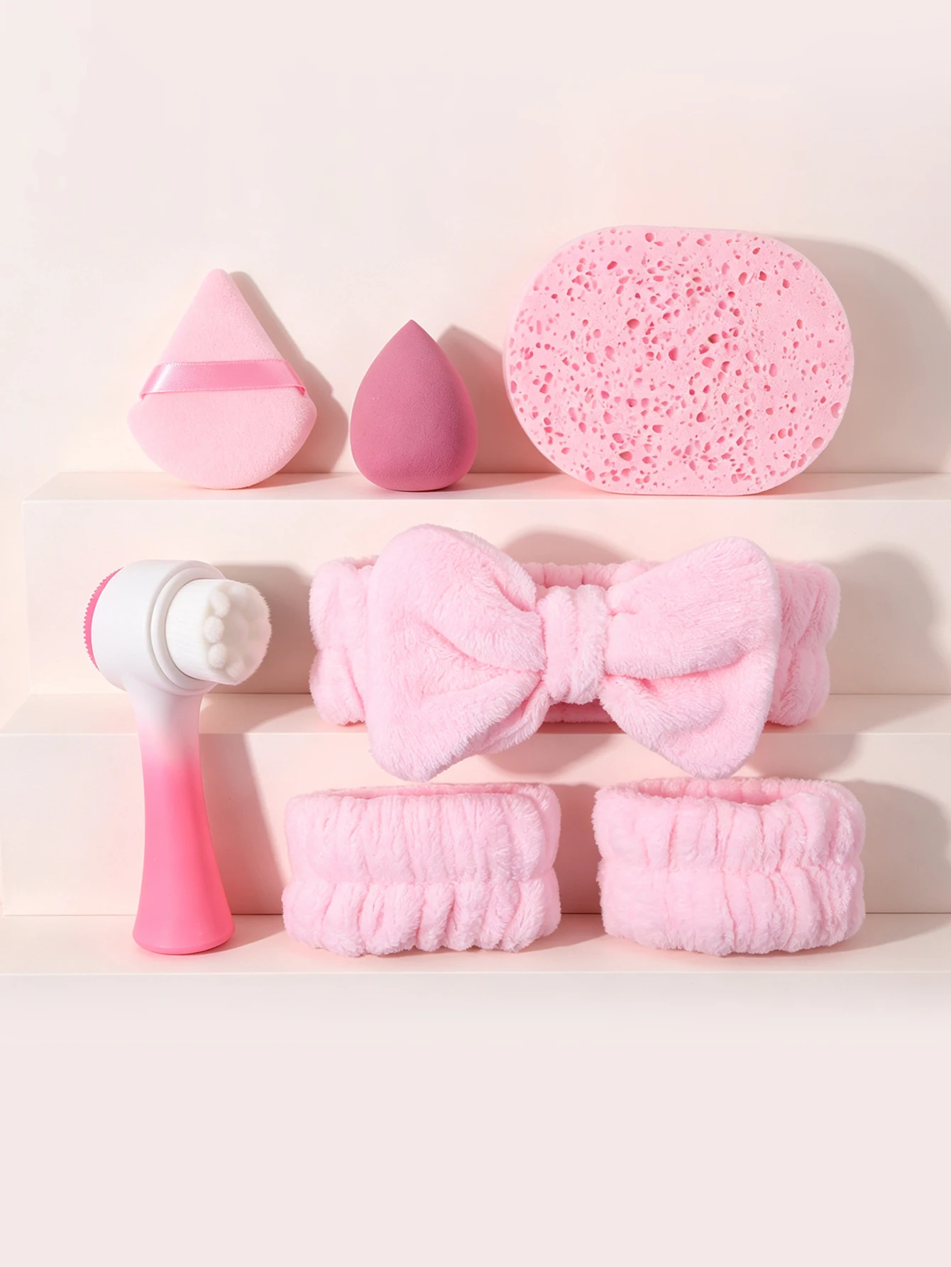 7PCS Makeup Tool Set.Bow Hair Band & Wrist Bands & Makeup Puffs & Facial Cleansing Sponge & Double‑Sided Facial Brush Beauty Kit