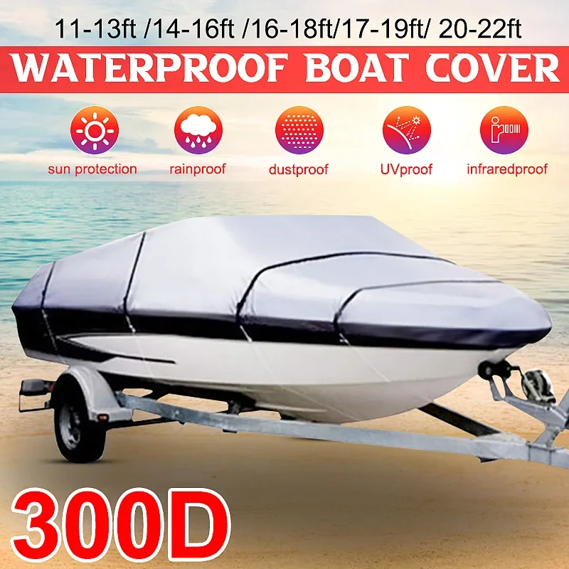 11- 22FT Trailerable 300D Oxford Heavy Duty Reflective Boat Cover Waterproof Sunproof UV Protector Speedboat Boat Mooring Cover