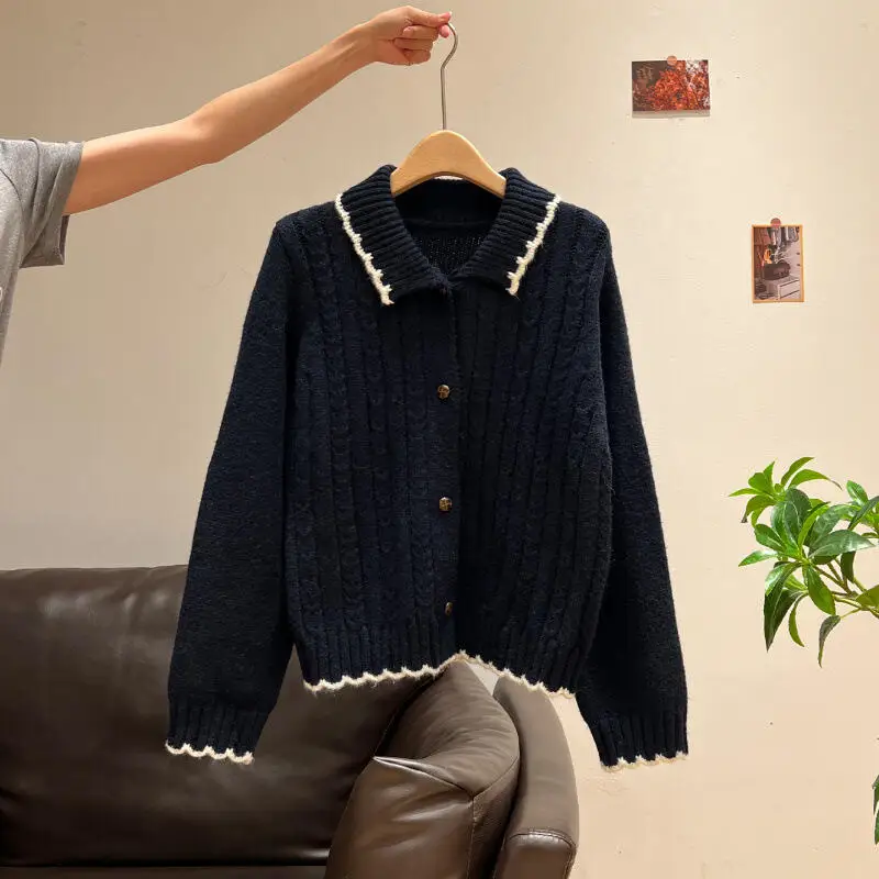 

Женский свитер, новый кардиган, трикотаж, женская одежда, топы, Y2K, кавайный стиль, теплый, крупной вязки, с воротником, с кружевной отделкой, свободный крой, длинный рукав, повседневный