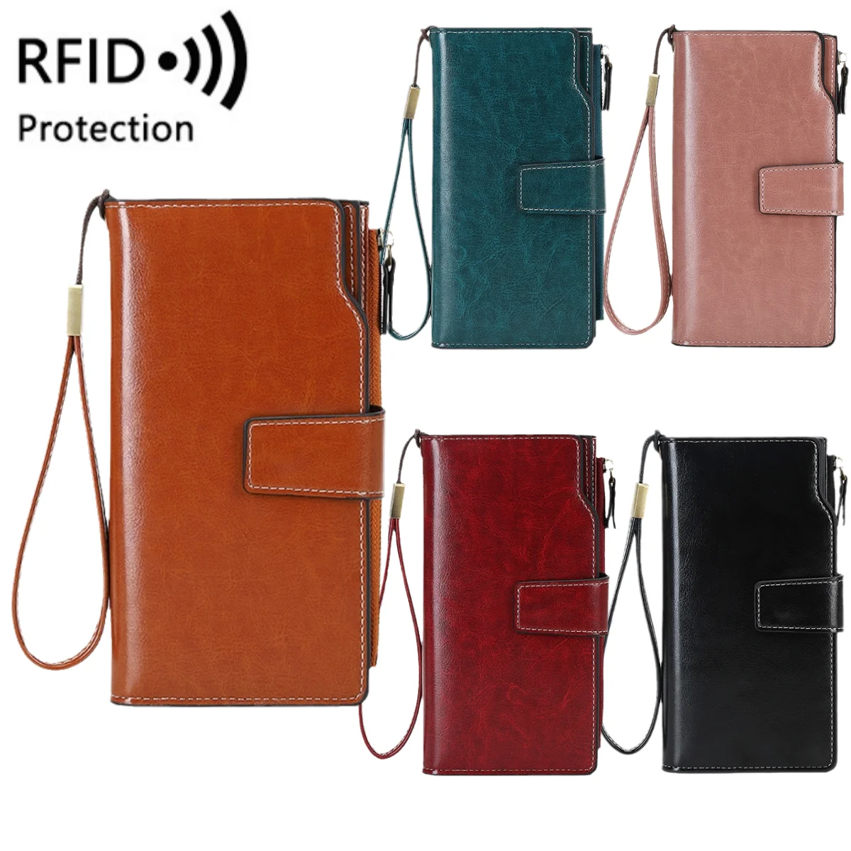 

RFID Blocking Wallets PU Leather Women Long Ladies Clutch Purse Brand Design Luxury Oil Wax Female Wallet Card Holder Coin Purse