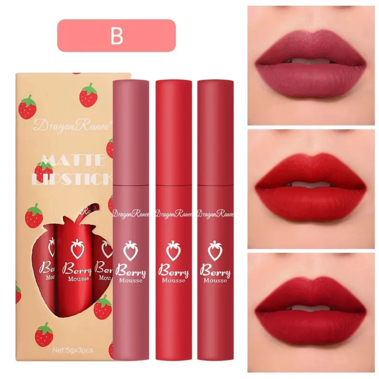 

Velvety Strawberry Berry Mousse Matte Lipstick in 3 Colors, Lightweight Softness Velvet Matte Lip Gloss Lip Color, Long Lasting