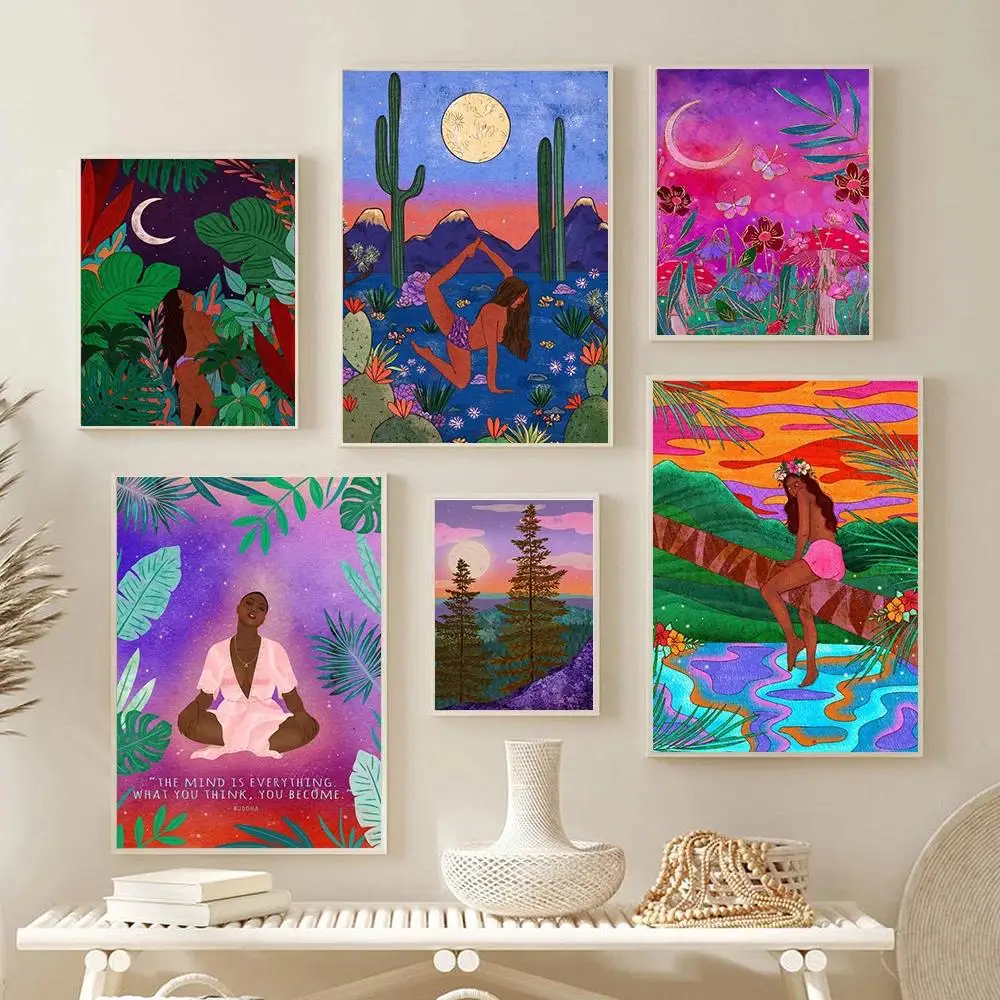 Мистические джунгли Йога Классический стиль Печать на холсте без рамы Абстрактное дерево и пустынный пейзаж Искусство для дек...
