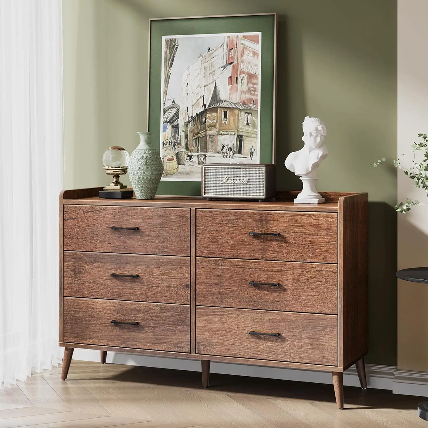 NEW Drawer Dresser Quick Install, 6 Wooden Drawers Storage Dresser with Set of 4 Foldable Drawer Dividers, Mid Century