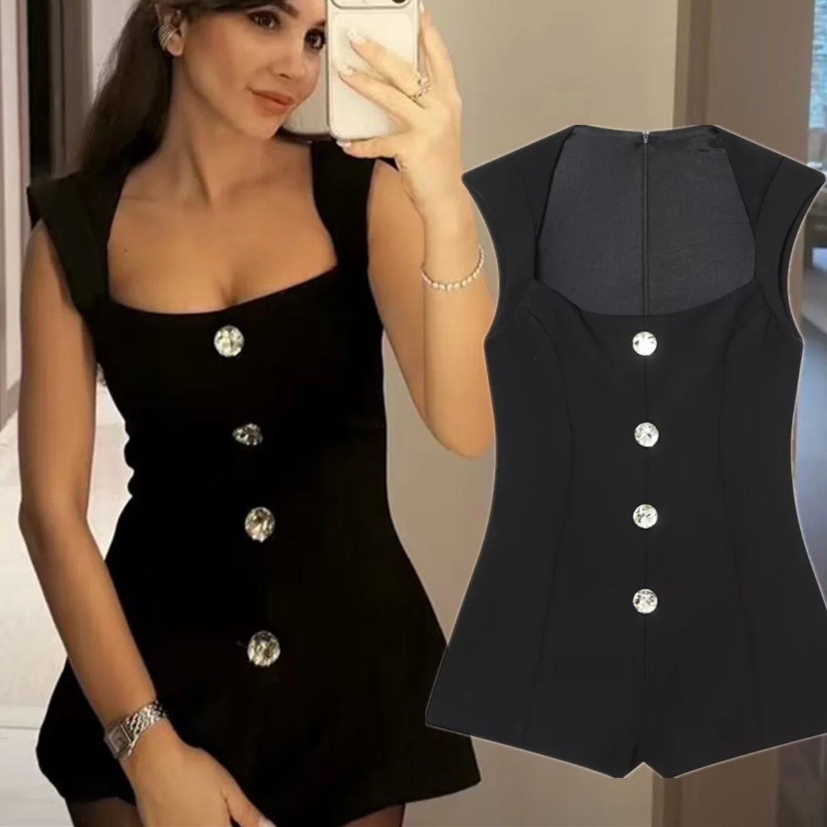 

Maxdutti Minimalist Jewelry Button Playsuits Elegant Black Jumpsuit Bermuda Shorts Vintage Square Collar Party Playsuits Tops