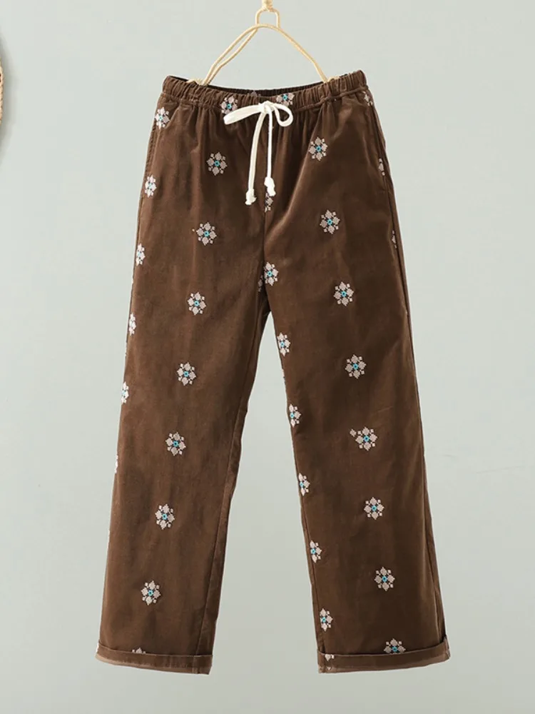 

Широкие брюки из смеси хлопка с цветочным принтом в стиле ретро, зимняя домашняя одежда, женские удобные теплые брюки больших размеров