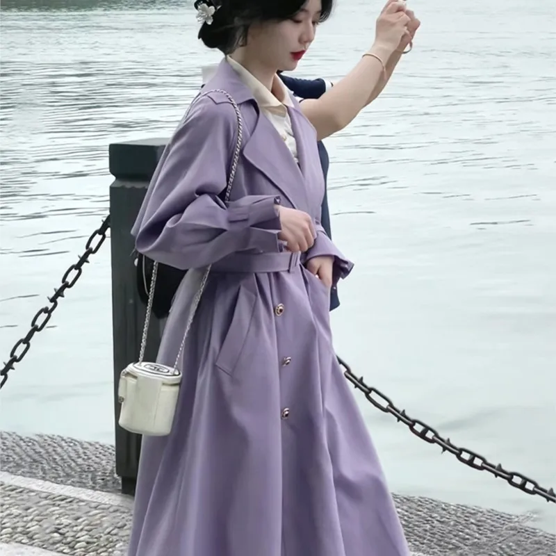 

Purple Overcoat Women's Mid-Length Korean Style Temperament Leisure Loose Trench Coat