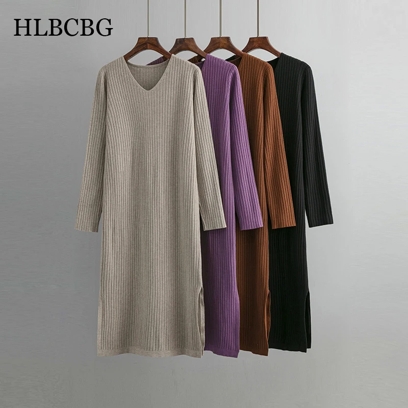 HLBCBG 2023 Women Long Knit Maxi Dress Spring Autumn V Neck Ribbed Tunic Dress Solid Woman Elegant Pullover Straight Dress