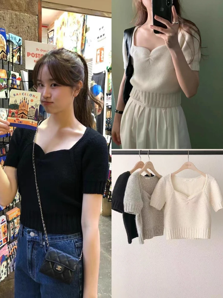 

Вязаный тонкий универсальный топ с милым квадратным воротником ort Sve для женщин, повседневный весенний модный топ от Dongdaemun
